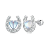 925 Silver Horseshoe Stud Earrings Rainbow Moonstone Zircon Ear Clips