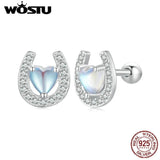 925 Silver Horseshoe Stud Earrings Rainbow Moonstone Zircon Ear Clips