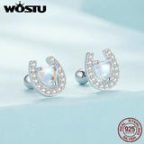 925 Silver Horseshoe Stud Earrings Rainbow Moonstone Zircon Ear Clips