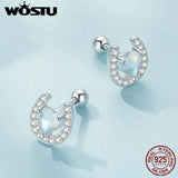 925 Silver Horseshoe Stud Earrings Rainbow Moonstone Zircon Ear Clips