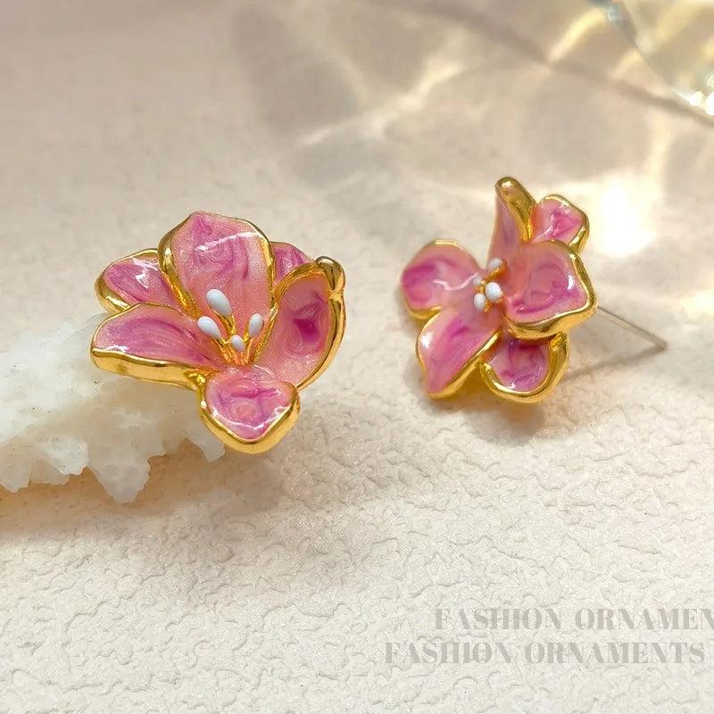 925 Silver Pink Flower Earrings for Women Spring Summer Jewelry