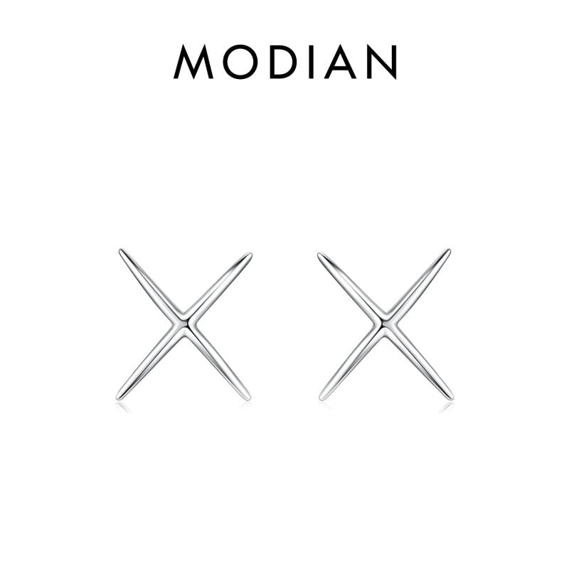 925 Silver X Lines Stud Earrings Platinum Plated Minimalist Fine Jewelry Women