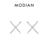 925 Silver X Lines Stud Earrings Platinum Plated Minimalist Fine Jewelry Women