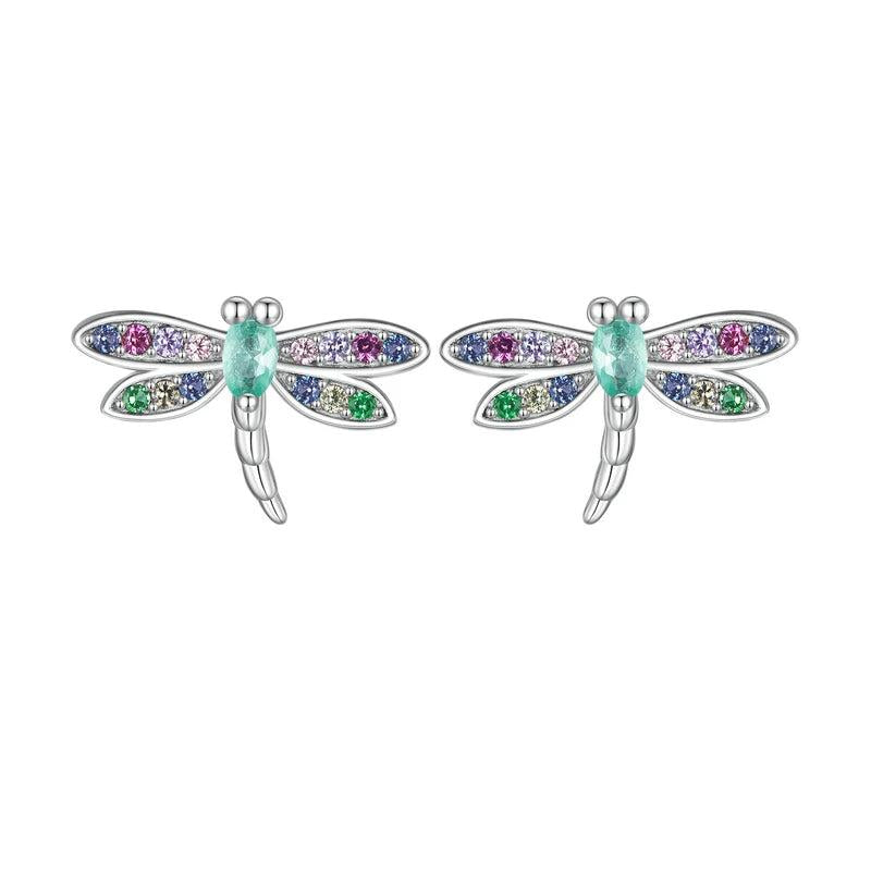 925 Silver Rainbow Zircon Dragonfly Stud Earrings for Women