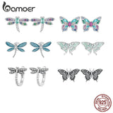 925 Silver Rainbow Zircon Dragonfly Stud Earrings for Women