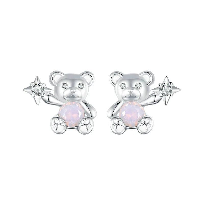 925 Silver Bear Stud Earrings with Opal for Women & Girls