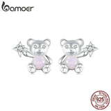 925 Silver Bear Stud Earrings with Opal for Women & Girls