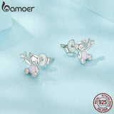925 Silver Bear Stud Earrings with Opal for Women & Girls