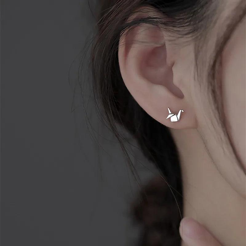 925 Silver Paper Crane Stud Earrings Romantic 14k Jewelry