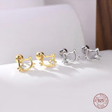 925 Silver Cat Stud Earrings Zircon Screw Lady Jewelry Gift