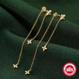 925 Silver Four Leaf Flower Stud Earrings Zircon Tassel Chains for Women
