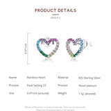 Sterling Silver Rainbow Heart Stud Earrings Colorful Zircon Jewelry
