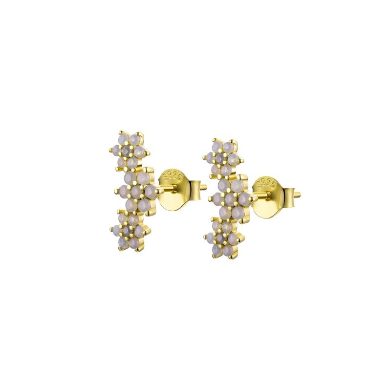 925 Silver Three Flower Stud Earrings Crystal Wedding Jewelry
