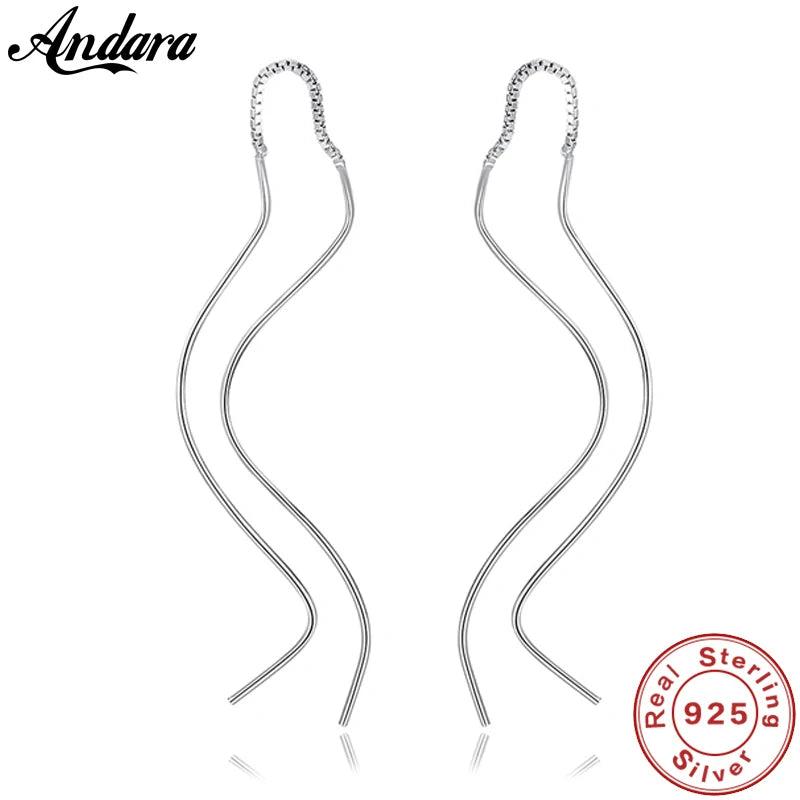 925 Sterling Silver Wave Line Long Earrings for Women