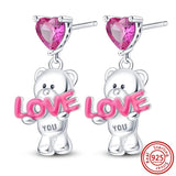925 Silver Flower Charm Earrings with Zircon Love Bear