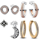 925 Silver Moon & Star Two-Tone Hoop Earrings with Pave Circle, Women's Gift