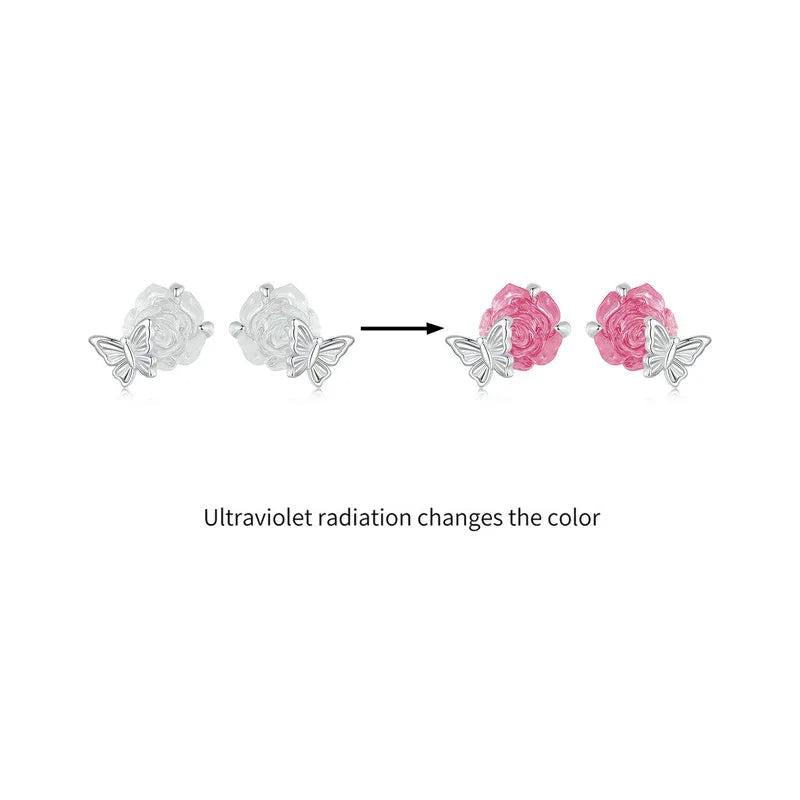 925 Sterling Silver Rose Flower Crystal Stud Earrings For Women