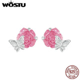 925 Sterling Silver Rose Flower Crystal Stud Earrings For Women