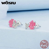 925 Sterling Silver Rose Flower Crystal Stud Earrings For Women