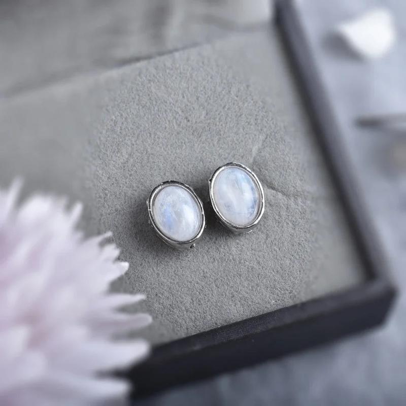 Labradorite Silver Oval Gemstone Earrings Moonstone Amethyst Studs