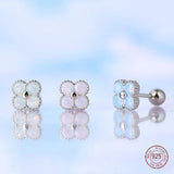 925 Silver Four Leaf Flower Stud Earrings Colorful Zircon Piercing Jewelry