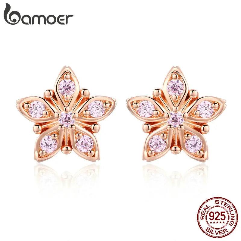 925 Silver Pink Flower Stud Earrings Wedding Jewelry