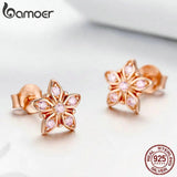 925 Silver Pink Flower Stud Earrings Wedding Jewelry