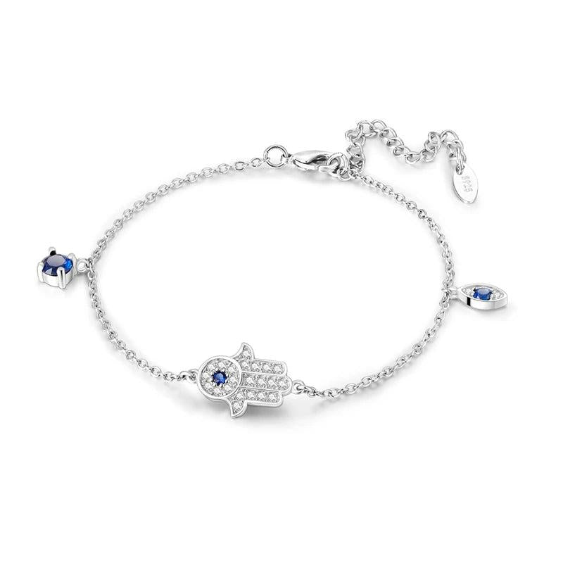 925 Sterling Silver Pav Fatima Hand&Eyes Bracelet