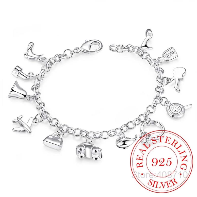 925 Silver Zircon Crystal Bracelets 12 Charms Bangles For Woman