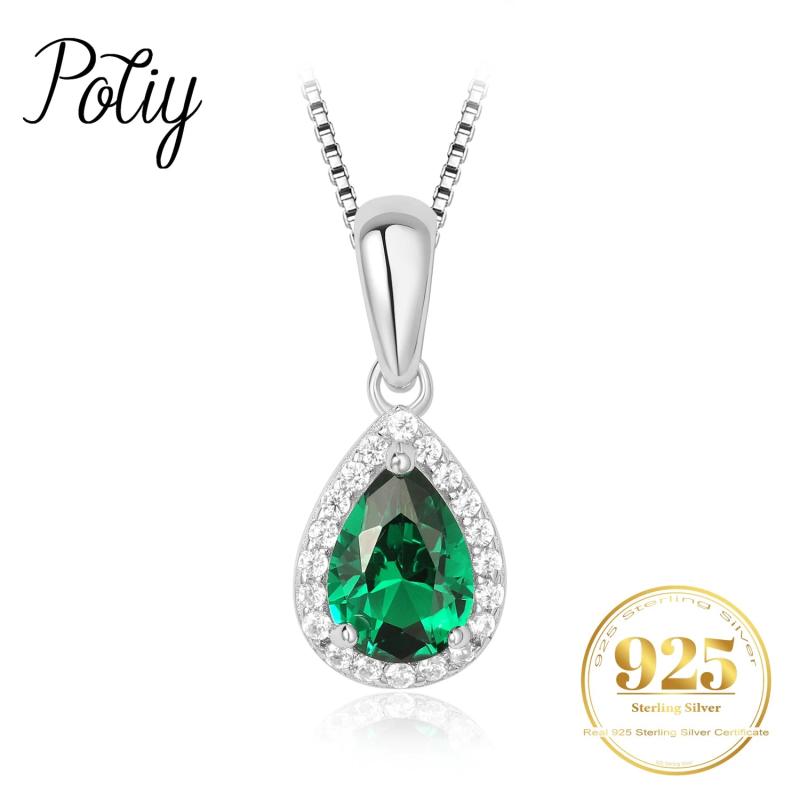 Potiy Pear Simulated Nano Emerald 925 Sterling Silver Pendant Necklace Women