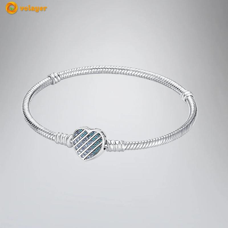 925 Silver Bracelet Zircon Pav Heart Clasp Snake Chain Women Charm Bracelet