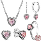 925 Silver Pink Heart Set Necklaces Rings Earrings Charm Women's Jewelry