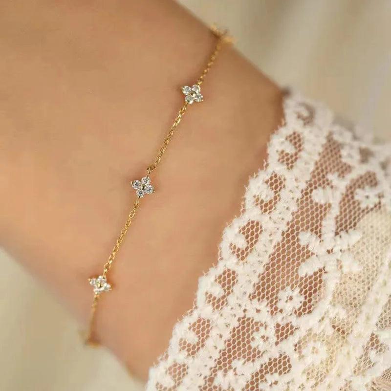 S925 Sterling Silver Bralelets For Women Minimalist Lucky Flower Zircon