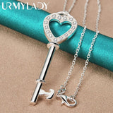 925 Silver Heart Key Zircon Pendant Necklace for Women