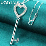 925 Silver Heart Key Zircon Pendant Necklace for Women