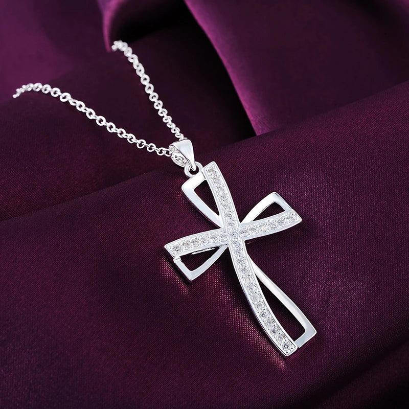 925 Silver Zircon Cross Pendant Necklace Wedding Charm Jewelry