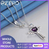 925 Silver Purple Zircon Angel Wings Heart Magic Stick Pendant Necklace