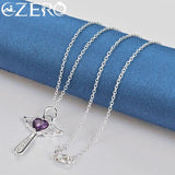 925 Silver Purple Zircon Angel Wings Heart Magic Stick Pendant Necklace