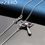 925 Silver Purple Zircon Angel Wings Heart Magic Stick Pendant Necklace