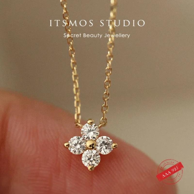 925 Silver Zircon Flower Diamond Pendant Necklace Dainty for Women Wedding
