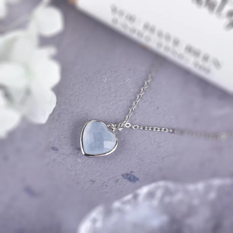 Aquamarine Heart Pendant Necklace Faceted Gemstone Lover Necklace for Women