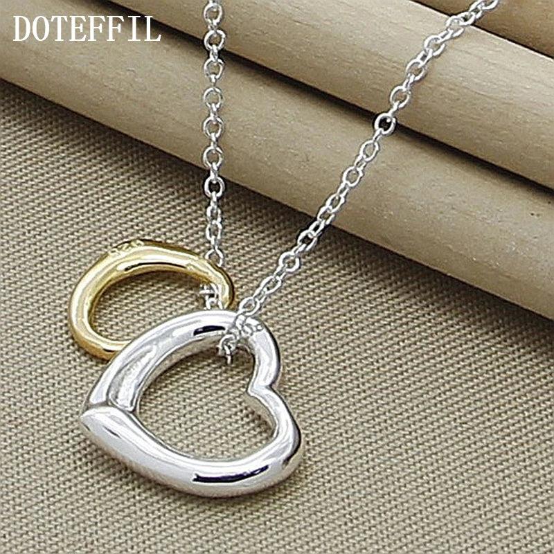 925 Silver Double Heart Pendant Necklace 18 Inch Chain Wedding Engagement Charm