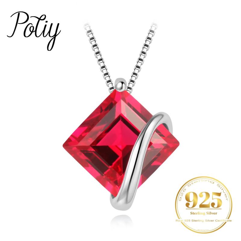 Potiy Square Red Ruby 925 Silver Pendant Necklace Women Gemstone Jewelry