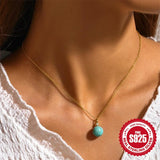 925 Silver Turquoise Circle Pendant Necklace Collarbone Chain