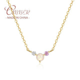 925 Silver Opal Zircon Round Pendant Necklace Chain Women Girls Jewelry Gift