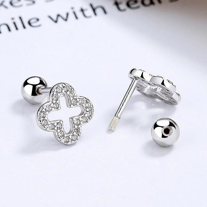 925 Silver CZ Four-leaf Clover Stud Earrings