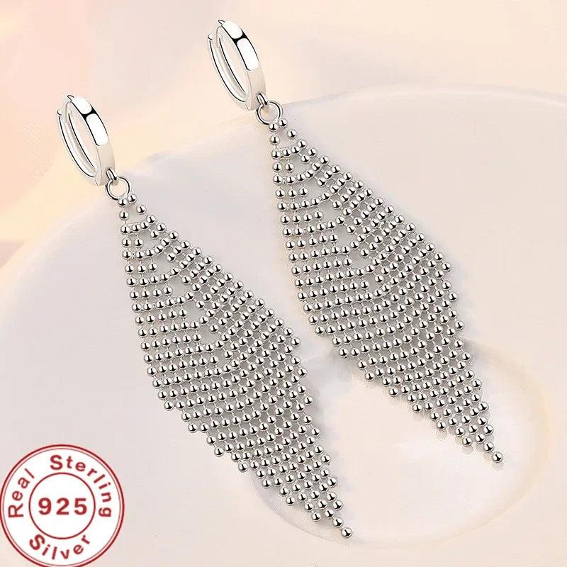 925 Silver Tassel Beads Long Earrings Wedding Jewelry
