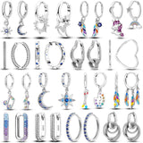 925 Sterling Silver Pave CZ U Heart Zircon Round Hoop Star Moon Earrings