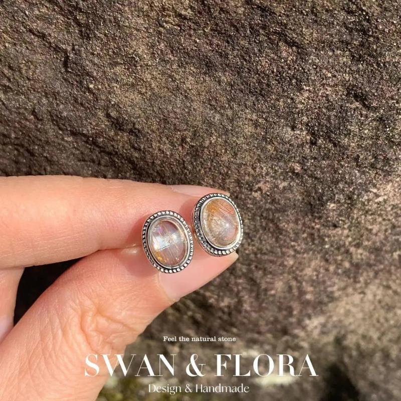 Natural Red Rutilated Quartz Stud Earrings 925 Sterling Silver Jewelry