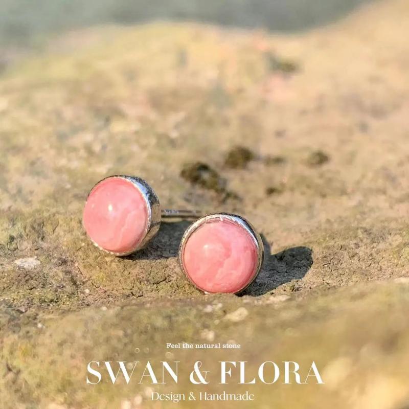 Natural Rhodochrosite Stud Earrings 925 Silver Vintage Femme Gift Jewelry